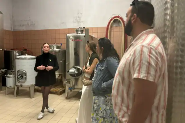 Tour guide explaining champagne-making process inside a historic cellar on a day trip from Paris