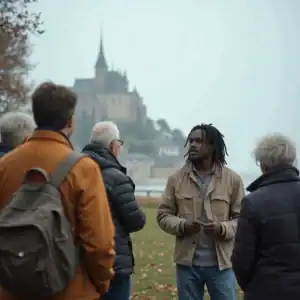 Mont Saint Michel tour group with guide explaining abbey history on a day trip from Paris